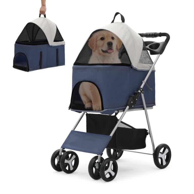 Athena Collection 4-Wheel Pet Stroller for Medium Dogs & Cats - Detachable Carrier, Cup Holder, Bottom Storage - Navy Black