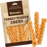 AFreschi Turkey Tendons for Dogs, USA-Sourced, Healthy Dog Treats, Rawhide-Free Puppy Chews, All Natural, Hypoallergenic Dog Treats, Classic Series, Braided Sticks, 3.5 oz Pack