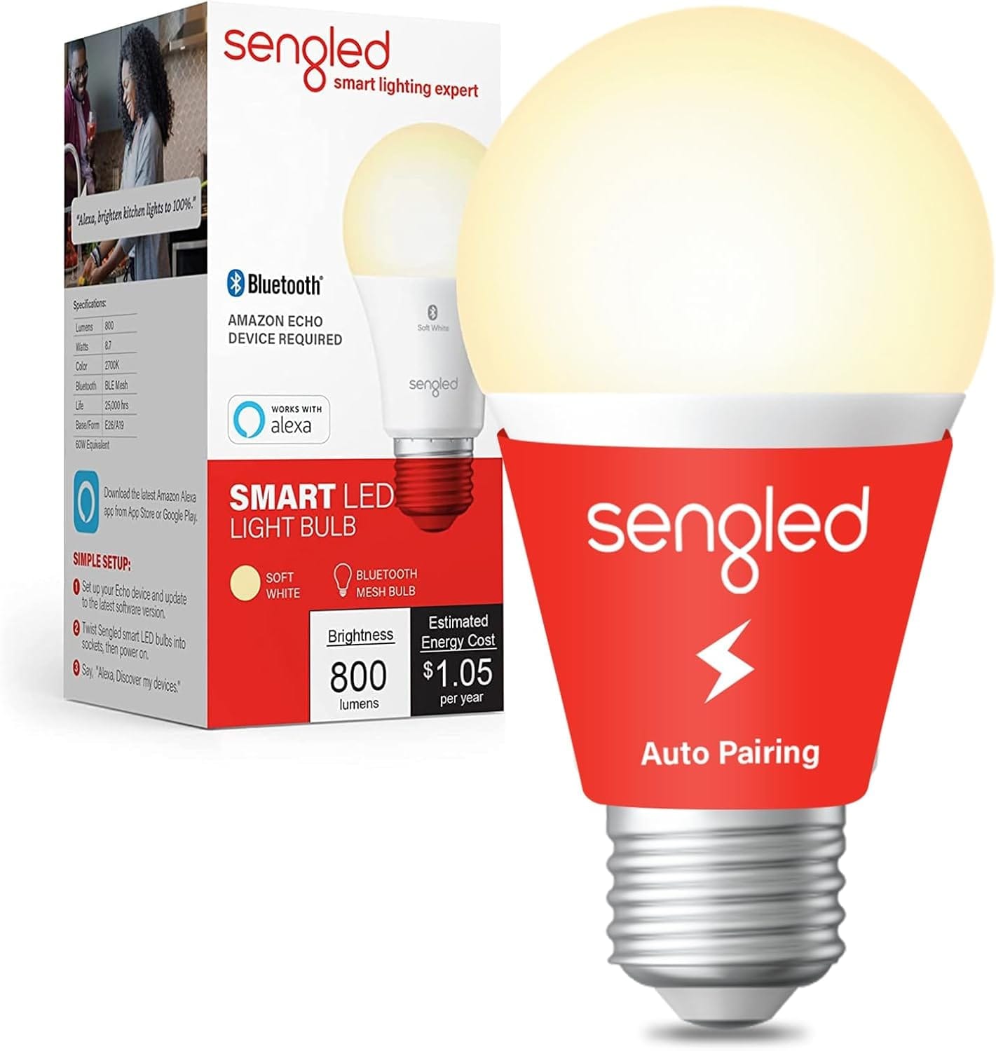 Sengled Alexa Light Bulb, S1 Auto Pairing with Alexa Devices, Warm Smart Light Bulbs, Bluetooth Mesh Smart Home Lighting, E26 60W Equivalent, 800LM, 1-Pack Sengled Alexa Light Bulb, S1 Auto Pairing with Alexa Devices, Warm Smart Light Bulbs, Bluetooth Mesh Smart Home Lighting, E26 60W Equivalent, 800LM, 1-Pack