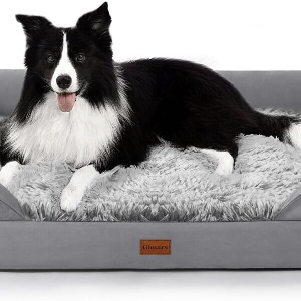 Gimars 3.7in Thickened Orthopedic Dog Bed for Large Dogs, Supportive L Dog Sofa Bed with Bolster & 28D Egg-Crate Mattress, Waterproof Lining, Washable Plush Cover for Arthritic Dogs