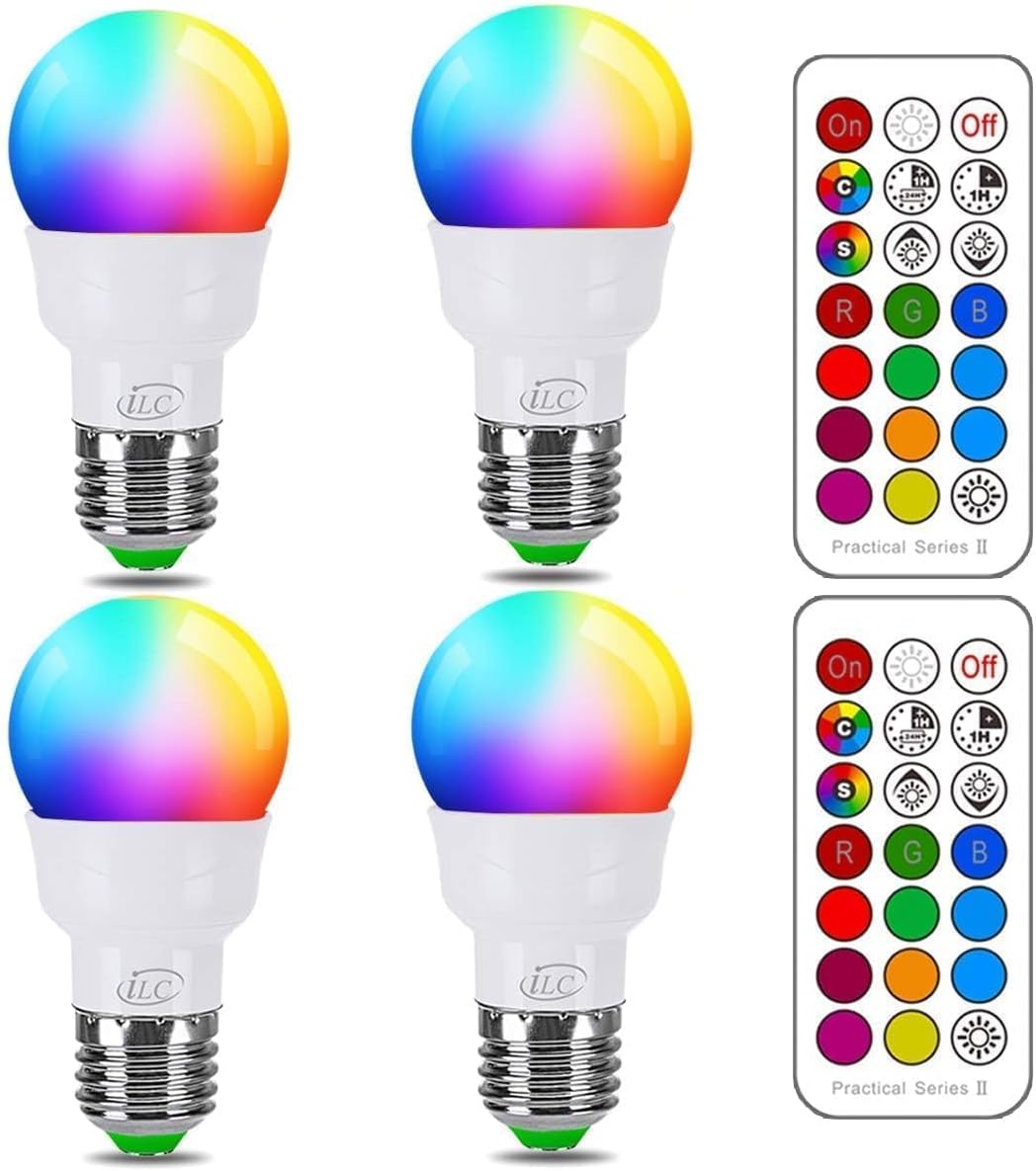 ILC RGB LED Color Changing Light Bulb, 40W Equivalent, 450LM, 2700K Warm White 5W E26 Screw Base RGBW, Flood Light Bulb- 12 Color Choices - Timing Infrared Remote Control (4 Pack) ILC RGB LED Color Changing Light Bulb, 40W Equivalent, 450LM, 2700K Warm White 5W E26 Screw Base RGBW, Flood Light Bulb- 12 Color Choices - Timing Infrared Remote Control (4 Pack)