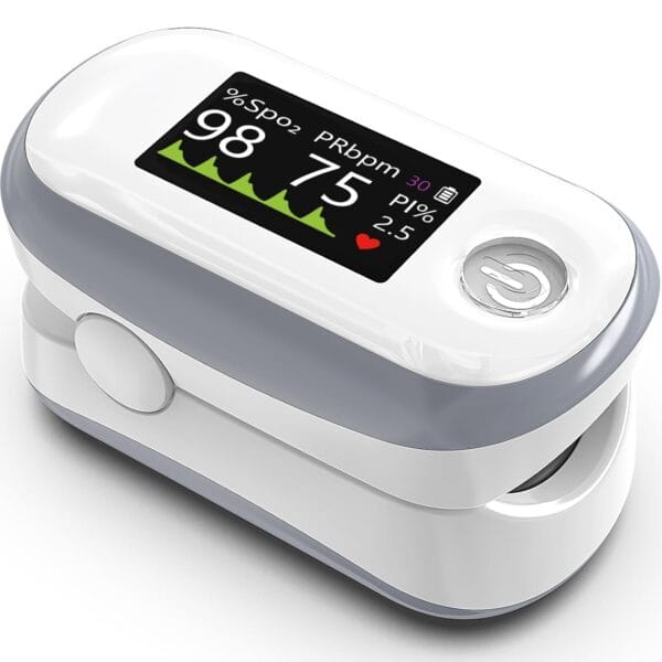 Pulse Oximeter, 4 Color OLED Display Oxygen Monitor Fingertip with 20  Memory, Blood Oxygen Saturation Monitor (SpO2), Alarm & Brightness Adjustable, Batteries & Lanyard (White)