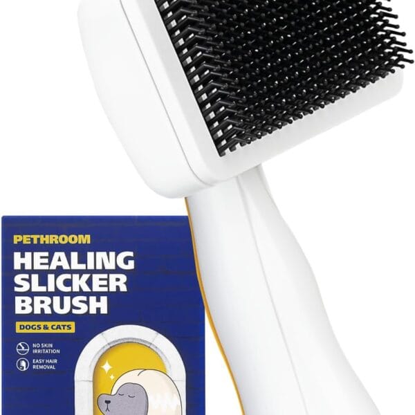 PETHROOM] Pet Healing Slicker Brush with One-Touch Clean Button | Gentle Grooming Brush for Dogs & Cats | Removes Shedding, Mats & Tangles with Coated Tips, White & Yellow