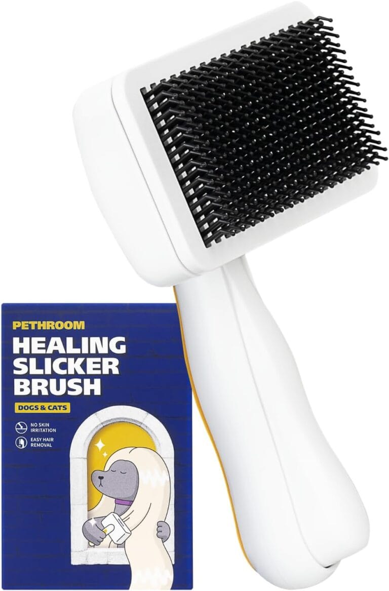 PETHROOM] Pet Healing Slicker Brush with One-Touch Clean Button | Gentle Grooming Brush for Dogs & Cats | Removes Shedding, Mats & Tangles with Coated Tips, White & Yellow