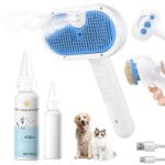 Pet Steam Brush for Dog & Cat - 3-in-1 Steam Grooming Brush for Shedding & Hair Removal - Self Cleaning Spray Comb with Mist for Long Haired Pets - Includes 1*Waterless Shampoo, Blue