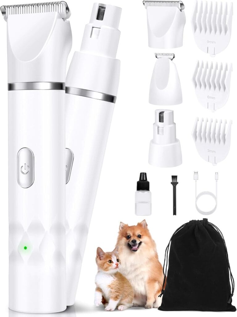 3 in 1 Small Dog Grooming Kit, 2 Speed Rechargeable Dog Hair Clippers with Guards, Low Noise Electric Dog Paw Trimmer & Nail Grinder, Cordless Pet Shaver for Cats and Small Dogs(White)