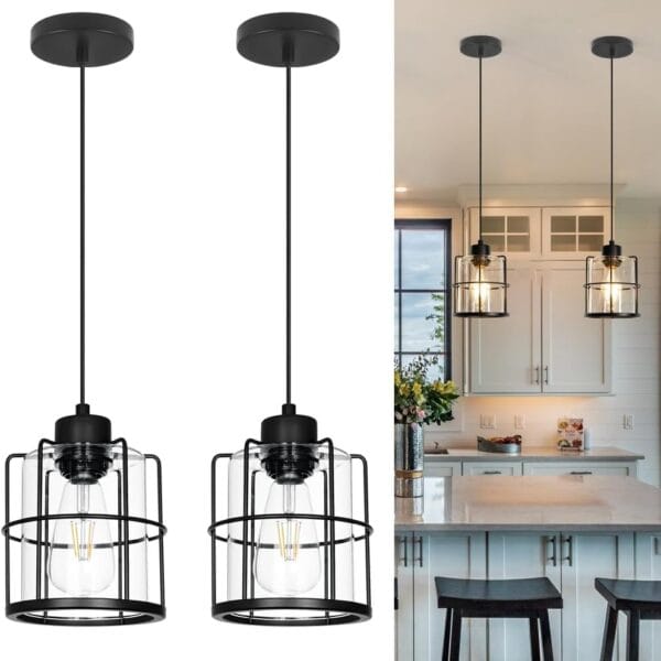 5.91in Industrial Black Pendant Lights Kitchen Island, Glass Bathroom Pendant Light Set of 2, Modern Kitchen Pendant Lighting over Island with Adjustable Cord, Farmhouse Hanging Light for Hallway Home