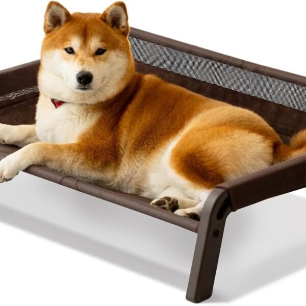 MEWOOFUN Raised Outdoor Dog Bed,Elevated Dog Cot Bed with Non-Slip Bottom for Medium Dogs, Breathable Teslin Mesh Portable Dog Sofa Bed Up to 66lbs(Teslin Brown)