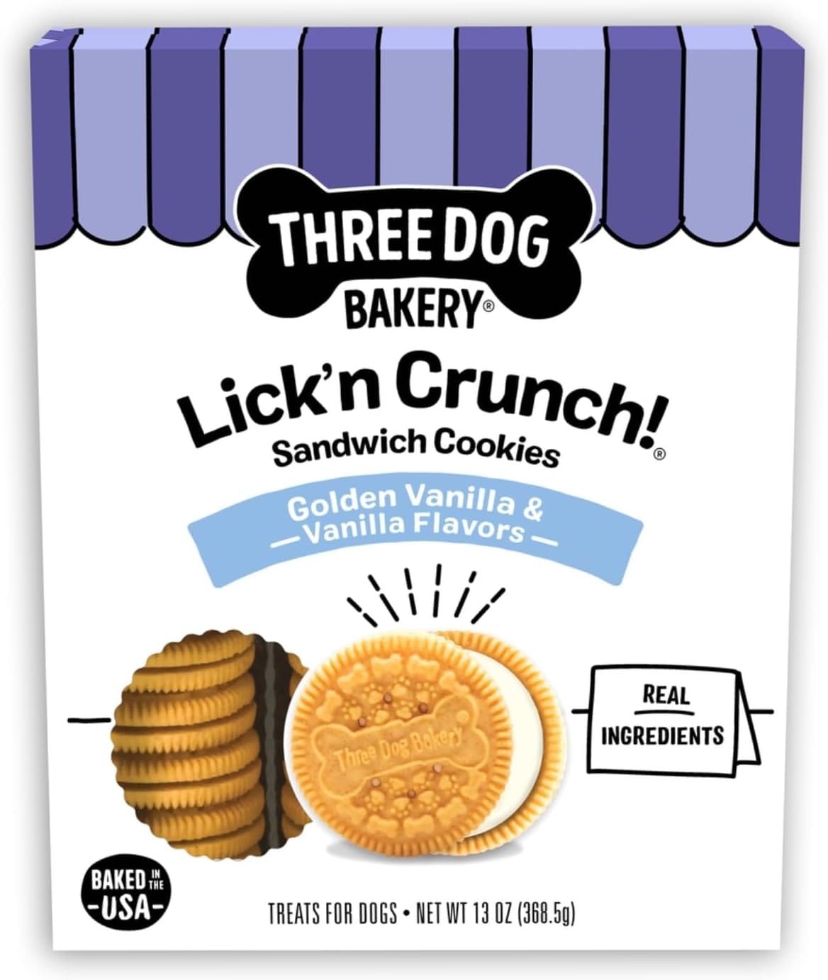Three Dog Bakery Lick'n Crunch! Golden & Vanilla Sandwich Cookies, Dog Treat, Puppy Cookies with Real Ingredients, Dog Birthday Treat, Training Reward Three Dog Bakery Lick'n Crunch! Golden & Vanilla Sandwich Cookies, Dog Treat, Puppy Cookies with Real Ingredients, Dog Birthday Treat, Training Reward