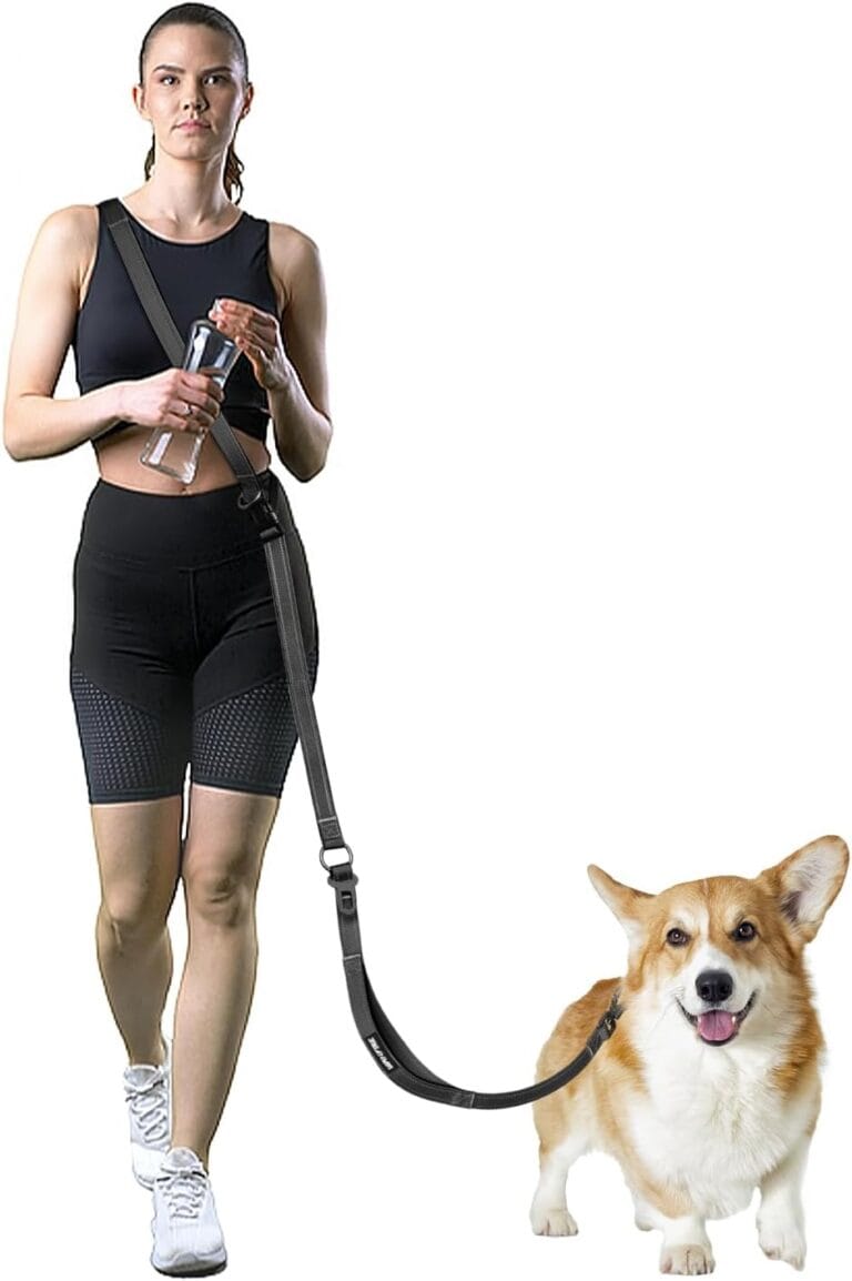 Hands Free Dog Leash, Crossbody Dog Leash, 5.3-7.8Ft Waist Belt with Car Seatbelt and Double-Sided Reflective,Walking, Jogging,Hiking, Travel etc.(Black)