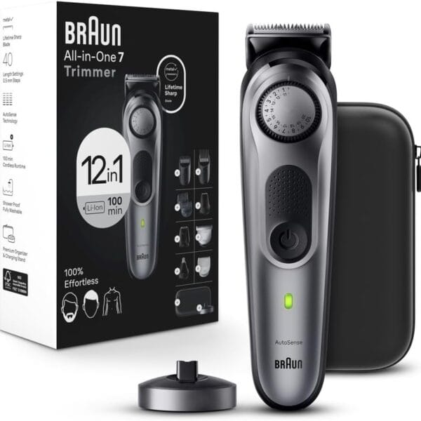 Braun All-in-One Men's Shaving Kit Series 7 7440, 12-in-1 Beard, Face, Nose, Ear Trimmer, Hair Clippers, Body Groomer and Manscaping + Travel Case + Charging Stand