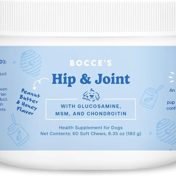 Bocce's Bakery Hip & Joint Supplement for Dogs, Daily Chews Made in The USA with Glucosamine, MSM, and Chondroitin, Supports Healthy Joints, Peanut Butter & Honey, 60 ct