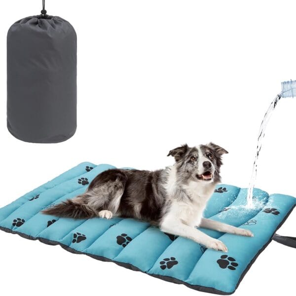 BEAUTYZOO Outdoor Dog Bed Waterproof, Camping Dog Bed Reversible, Portable Travel Bed with Carry Bag- Machine Washable, Durable, Foldable Outdoor Pet Bed Mat for Medium Large Dogs, 26 x 43 Blue