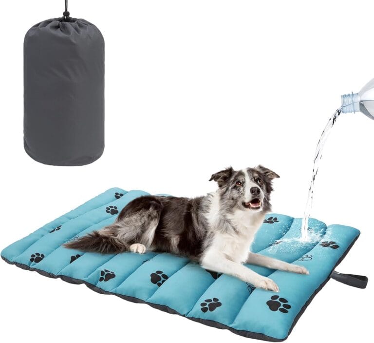 BEAUTYZOO Outdoor Dog Bed Waterproof, Camping Dog Bed Reversible, Portable Travel Bed with Carry Bag- Machine Washable, Durable, Foldable Outdoor Pet Bed Mat for Medium Large Dogs, 26 x 43 Blue