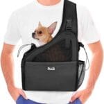 Lukovee Dog Slings for Small Dogs, Hard Bottom Support & Adjustable Soft Padded Shoudler Strap Dog Sling Carrier, Dog Purse with Button Closure & Zipper Pockets (for Pets up to 6 lbs, Black)