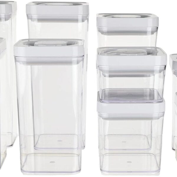 Amazon Basics Airtight Food Storage Containers, BPA Free, with Twist/Turn Lids, for Kitchen Pantry Organization, 10-Piece Square Set, Clear Plastic