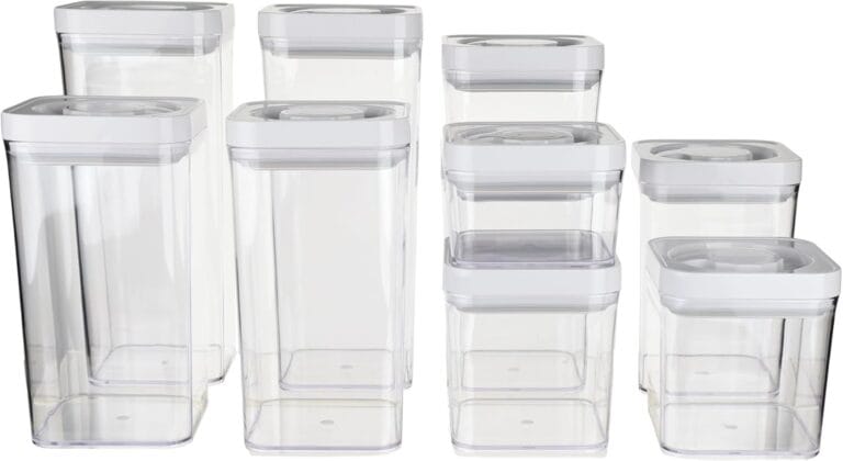 Amazon Basics Airtight Food Storage Containers, BPA Free, with Twist/Turn Lids, for Kitchen Pantry Organization, 10-Piece Square Set, Clear Plastic
