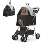 Athena Collection 4 Wheels Pet Stroller for Medium Dogs 33 Lbs - Puppy Cat Carrier With Detachable Carrier, Cup Holder Tray, Bottom Storage - Black