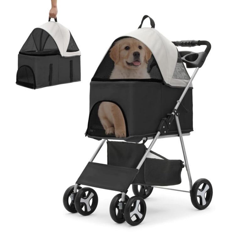 Athena Collection 4 Wheels Pet Stroller for Medium Dogs 33 Lbs - Puppy Cat Carrier With Detachable Carrier, Cup Holder Tray, Bottom Storage - Black