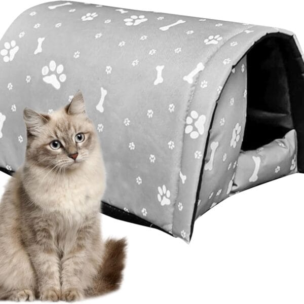 Fhiny Stray Cats Shelter, Waterproof Outdoor Cat House Foldable Warm Pet Cave for Winter Wild Animal Tent Bed Anti-Slip Kitten Cave for Feral Cat Dog Puppy Weatherproof Grey-L