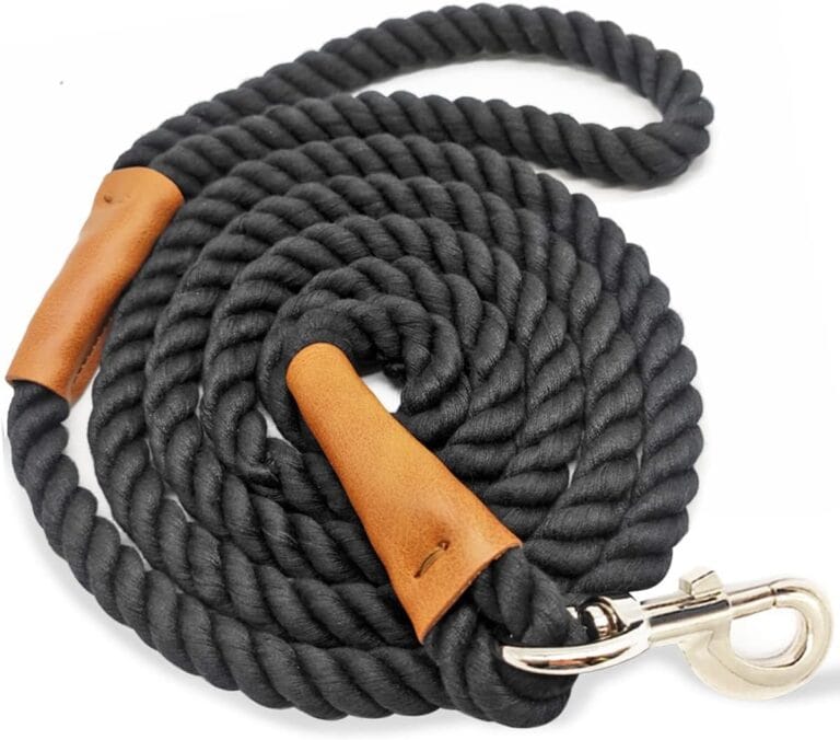 Cotton Dog Leash, 6FT Black Dog Leash Soft Rope Braided with Leather Tailor Connection Lightweight Pet Lead for Small Medium Large Dogs Walking