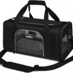 TSA Approved Pet Carrier for Small Medium Cats and Dogs | Dog Carrier with Adequate Ventilation | 4 Mesh Windows, 3 Entrance, Locking Safety Zippers, Padded Shoulder Strap, Black
