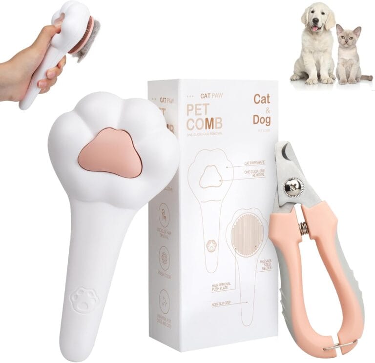 Self-Cleaning Cat Brush for Shedding with Cat Nail Clipper 2-Piece Set,Cat Brushes for Indoor Cats and Cat Nail Trimmer with Safety Guard Protective,Pet Grooming Kit for Cats and Dogs