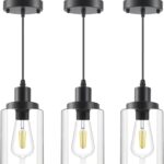 Industrial Pendant Lights, Modern Clear Glass Shade Pendant Lighting, Black Pendant Light Fixtures Ceiling Light, Farmhouse Pendant Lighting for Kitchen Island Hallway Porch Corridor Bedroom, 3-Pack
