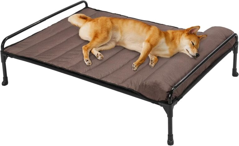 Veehoo Elevated Raised Dog Bed+Waterproof Removable Pillow-Top Mat, Cooling Outdoor Dog Cot Bed with Railing for Large Sized Dogs-Pet Cot Dog Hammock Bed Elevated Dog Couch Ded with Bolster-35 x 22"