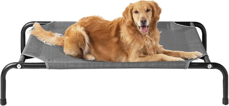 EHEYCIGA Elevated XL Dog Cot Bed, Raised Outdoor Dog Hammock for Extra Large XLarge Dogs, Lifted Pet Platform with Frame and Washable Waterproof Cooling Teslin Mesh and Anti-Slip Feet, 48x32 inch