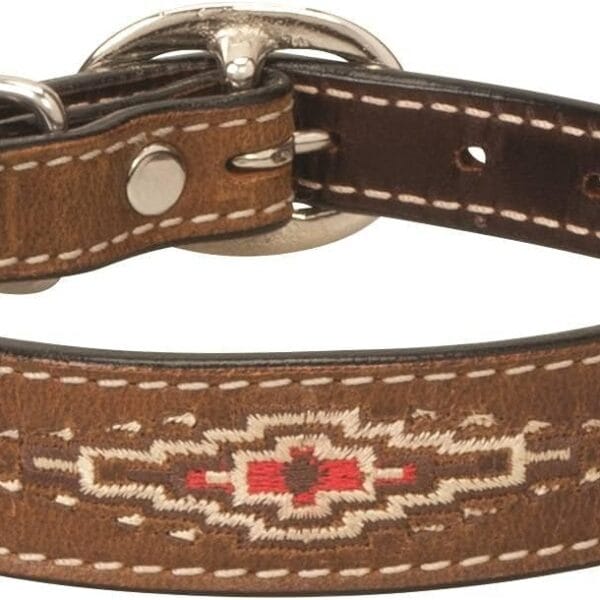 Aztec Dog Collar, Brown with Red Accents, Leather, 15 inches by 3/4 inches, Aztec-inspired Embroidery, Non-rust Stainless Steel Hardware