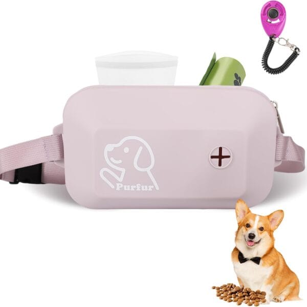 Dog Treat Pouch with Clicker & Poop Bag Holder Waterproof Silicone, Adjustable Waist Belt for Training & Walking Puppy Treat Pouch for Pet Training (Violet)