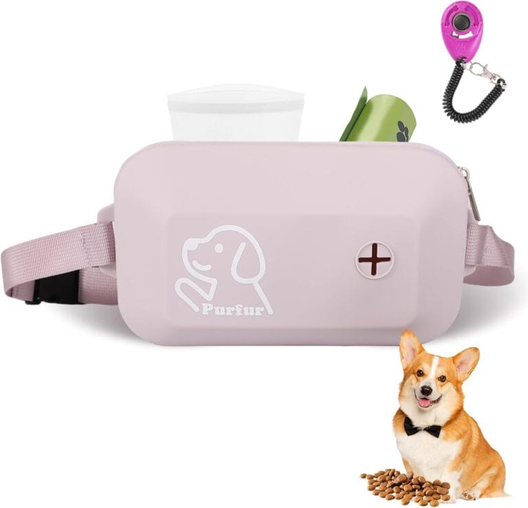 Dog Treat Pouch with Clicker & Poop Bag Holder  Waterproof Silicone, Adjustable Waist Belt for Training & Walking  Puppy Treat Pouch for Pet Training (Violet)