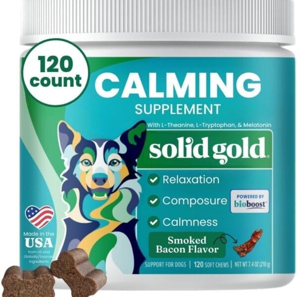 Solid Gold Calming Chews for Dogs - Dog Calming Chews w/Melatonin for Separation, Stress & Hyperactivity Relief - Supports Relaxation for Travel, Fireworks & Storms - All Ages & Sizes - Bacon 120ct