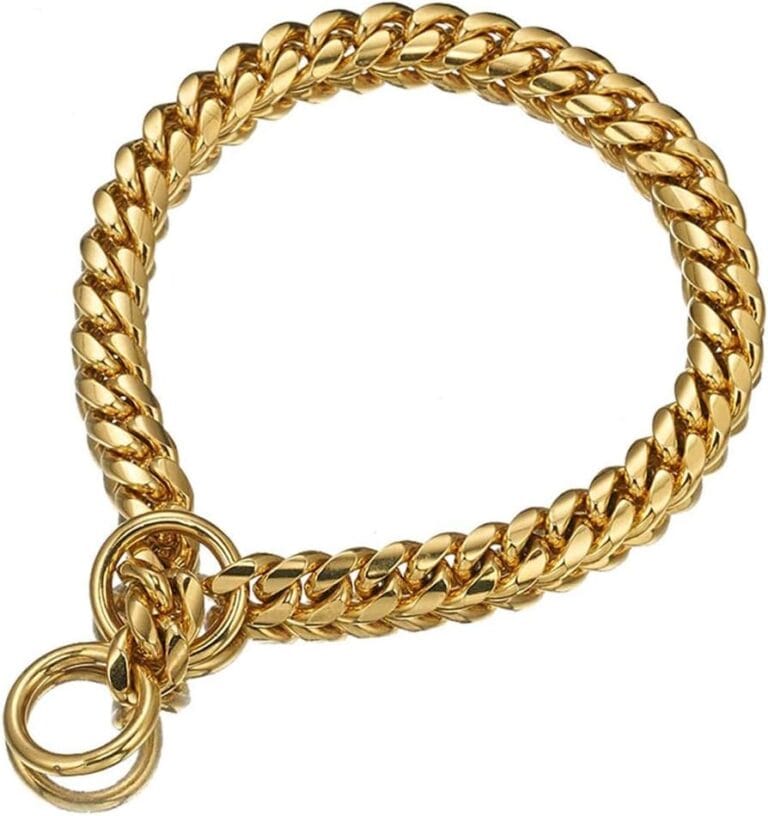 Strong 18K Gold Plated Dog Chain Collar Stainless Steel Width 10mm,12mm,15mm,18mm Cuban Link Choke Collar for Dog's Training,Daily Use (10mm,14'')