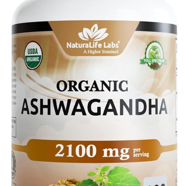 NaturaLife Labs Organic Ashwagandha 2100 mg per Serving  Root Powder & Extract  100 Capsules  Vegan, Non-GMO, Gluten-Free