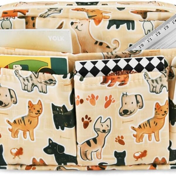 E-WEICHEN Multiple Pockets Portfolio Organizer with Zippered, Makeup Bag Travel Essentials for Women, Simple Waterproof Stationery Pencil Pouch Bag for Journal Office Art Supplies.Beige Dog