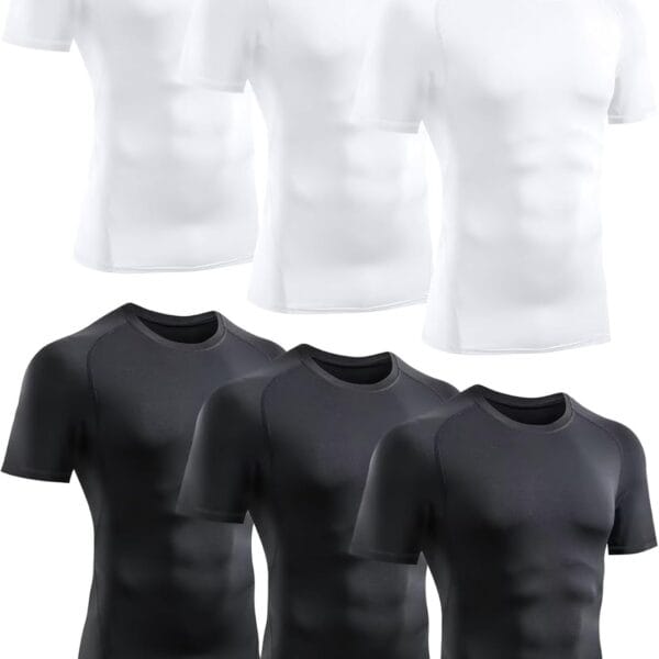 TELALEO 6 Pack Men's Compression Shirt Short Sleeve Athletic Baselayer Sports T Shirts Workout Tops for Men Black White