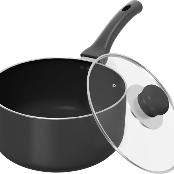 Utopia Kitchen 2 Quart Detachable handle Nonstick Saucepan with Glass Lid, Multipurpose Use for Home, Kitchen or Restaurant, Grey & Black