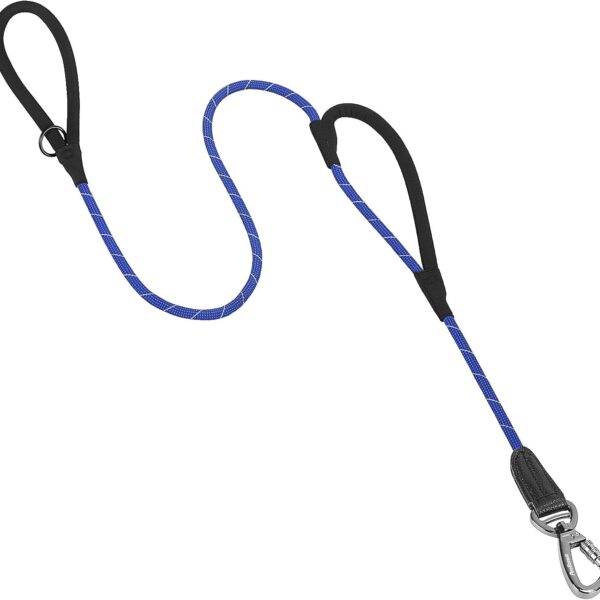 PetBonus Double Handle Rope Dog Leash, 6FT Heavy Duty Training Lead with Lockable Hook and 2 Comfortable Padded Handles, Reflective Walking Nylon Leash for Small Medium Dogs (11-55 lbs, Blue)