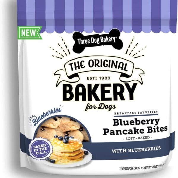 Three Dog Bakery Blueberry Pancake Bites, Treats with Real Blueberries & Vanilla, Mess-Free Snacks & Training Cookies for Dogs & Puppies, Human-Inspired
