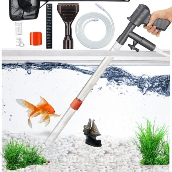 QZQ Aquarium Gravel Cleaner [2025 Edition] Vacuum Fish Tank Vacuum Cleaner Tools for Aquarium Water Changer with Aquarium Thermometers Fish Net kit Use for Fish Tank Cleaning Gravel and Sand