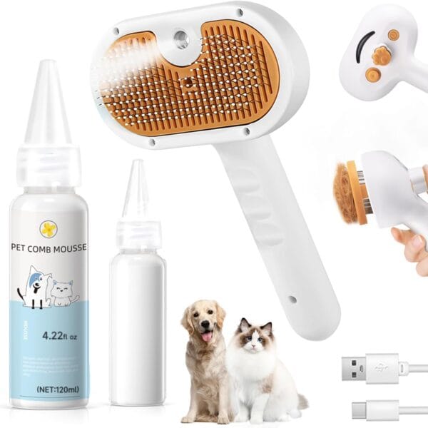 Pet Steam Brush for Dog & Cat 3-in-1 Spray Hair Removal Comb Steam for Shedding & Grooming Water Brush for Long & Short Haired Pets Spritz Defur Comb Includes Waterless Shampoo