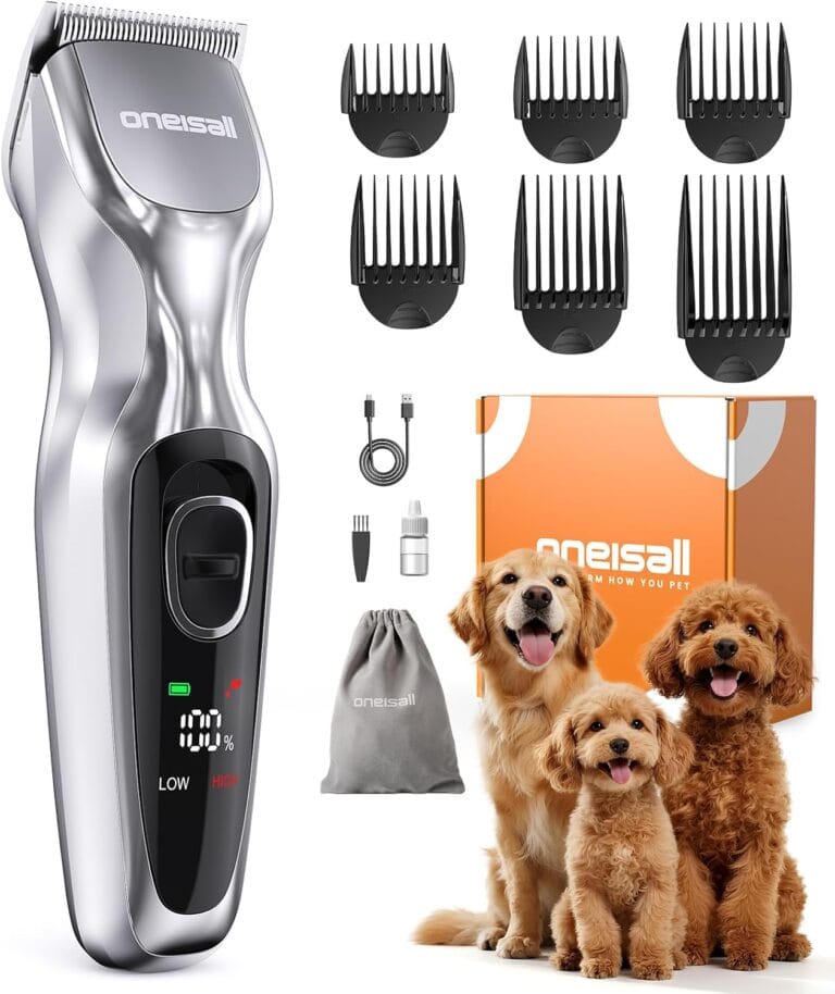 oneisall Dog Clippers for Grooming Thick Hair, Low Noise Cordless Dog Shavers, 2-Speed Pet Hair Trimmer Grooming Kit for Home Groomer