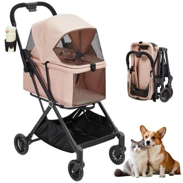 Foldable 4-Wheel Pet Stroller for Dogs & Cats -Dog Stroller, Lightweight Travel Carrier for Small to Medium Pets Up to 50 LBS, 360 Swivel Front Wheels, Foot Brake, Breathable Mes