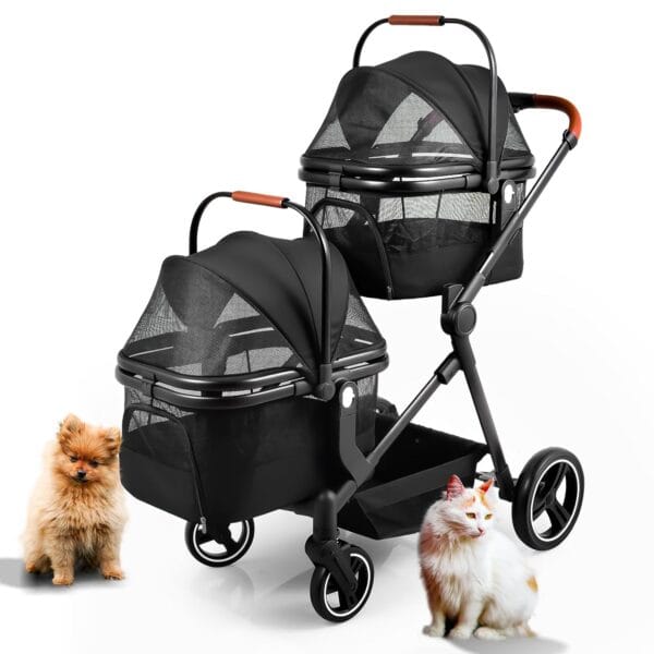 Foldable Double Pet Stroller for 2 Small Medium Cats Dogs, Lightweight Single and Double Integrated Pet Stroller with Detachable Carriers