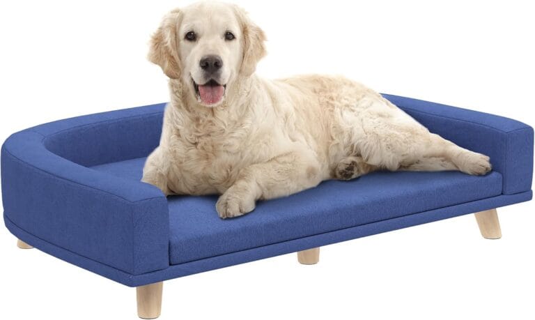 PawHut Dog Sofa Couch, Pet Bed with Comfortable Luxury Cushion, Washable Cover, Wooden Legs, Anti-Slip Mat for Large Dogs, Cats, Kittens, Blue