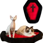 Gothic Cat Beds Fits up to 25 lbs, Washable Coffin Cat Bed, Goth Pet Bed, Halloween House 24 * 16.9 Inch, Red & Black Small