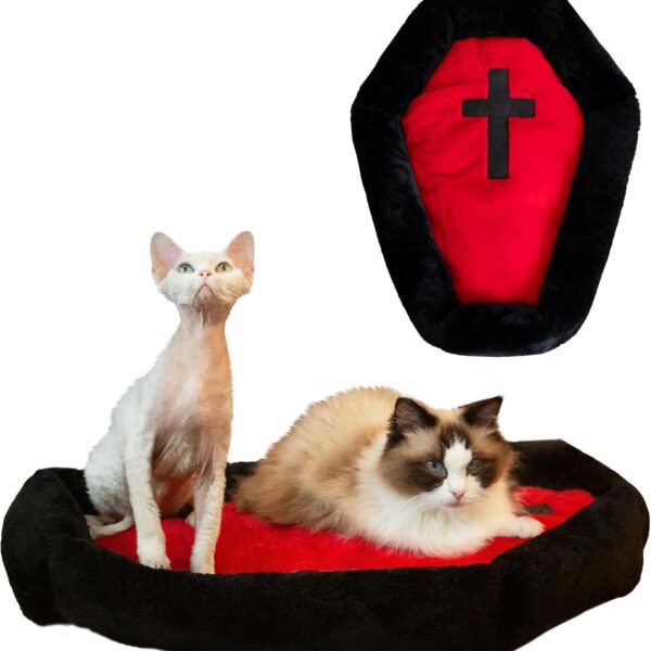 Gothic Cat Beds Fits up to 25 lbs, Washable Coffin Cat Bed, Goth Pet Bed, Halloween House 24 * 16.9 Inch, Red & Black Small