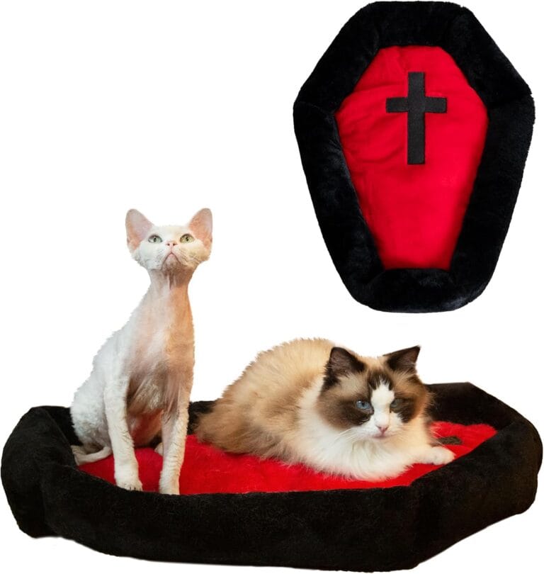 Gothic Cat Beds Fits up to 25 lbs, Washable Coffin Cat Bed, Goth Pet Bed, Halloween House 24 * 16.9 Inch, Red & Black Small